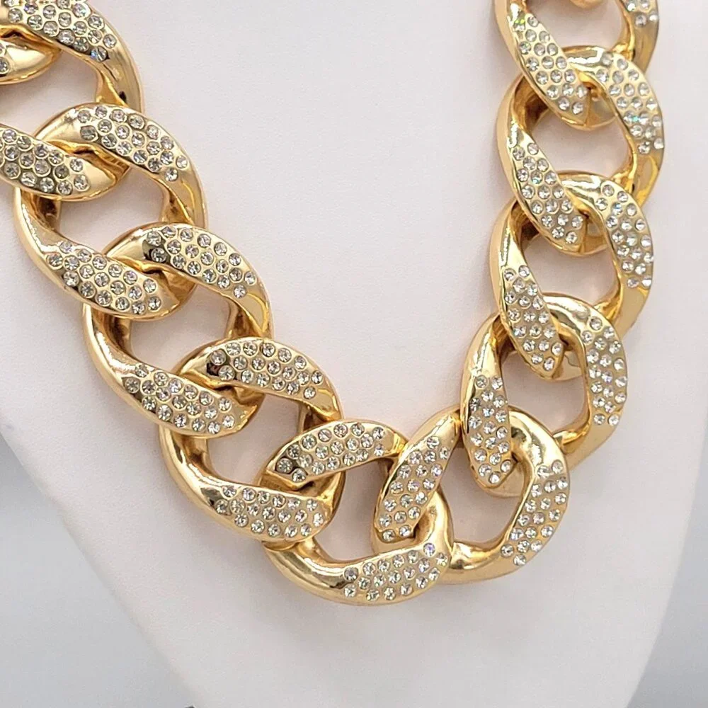 Gold Tone Linking Chain Rhinestone Studded Bib Necklace Collar Length Chunky - Picture 5 of 8